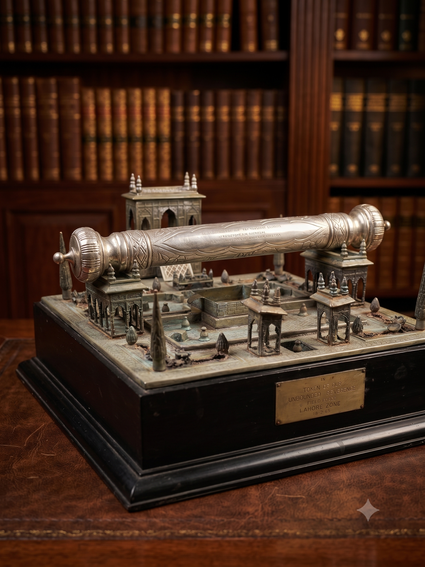 Historical Shalimar Gardens Miniature Replica & Silver Scroll Presentation (1965) A photorealistic studio photograph of the historical Shalimar Gardens miniature replica model in antique bronze, featuring an engraved sterling silver scroll case presented to Khuda Buksh in 1965 by the Field Force Lahore Zone.